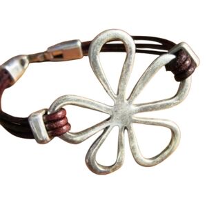 Bohemian Silvertone Flower Bracelet with Brown Cord